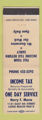 Matchbook Cover - Income Tax One Day Service Harry Morse Long Beach CA