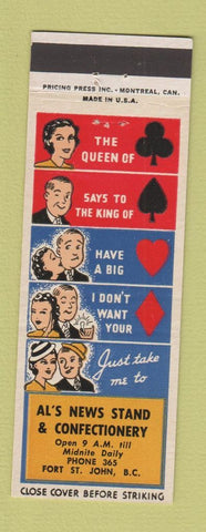Matchbook Cover - Al's News Stand Confectionery Fort St John BC