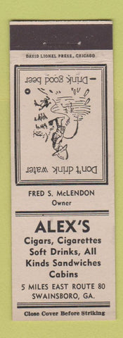 Matchbook Cover - Alex's Cabins sandwiches Swainsboro GA WHITE
