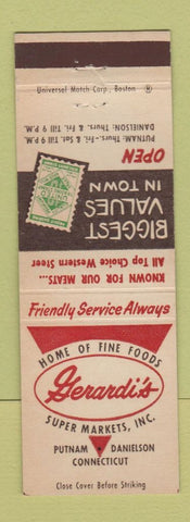 Matchbook Cover - Gerardi's Super Markets Grocery Putnam Danielson CT
