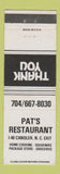 Matchbook Cover - Pat's Restaurant Candler NC WHITE
