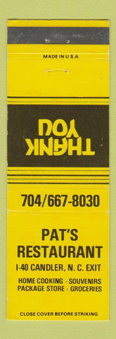 Matchbook Cover - Pat's Restaurant Candler NC YELLOW