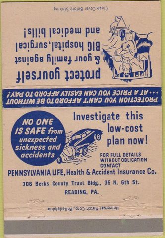 Matchbook Cover - Pennsylvania Life Insurance Reading PA 40 Strike