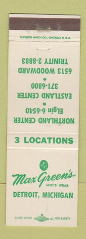 Matchbook Cover - Max Green's Men's Clothes Detroit MI