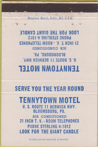 Matchbook Cover - Tennytown Motel Bloomsburg PA 40 Strike