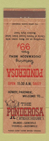 Matchbook Cover - Ponderosa Steak House Orlando Gainesville Titusville FL