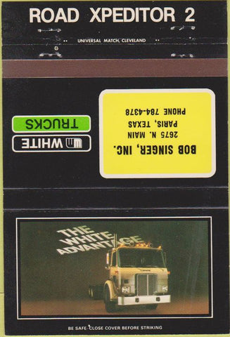 Matchbook Cover - White Semi Trucks Paris TX Bob Singer 40 Strike