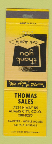 Matchbook Cover - Thomas Sales Campers Mobile Homes Adams City Colorado
