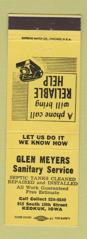 Matchbook Cover - Glen Meyers Sanitary Service Septic Tank Keokuk IA