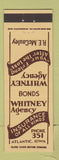 Matchbook Cover - Whitney Insurance Agency Atlantic IA low phone # RE McCauley