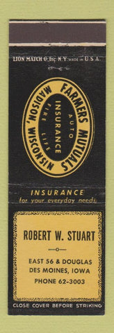 Matchbook Cover - Farmers Mutual Insurance Robert Stuart Des Moines IA