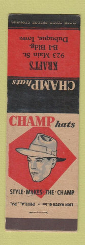 Matchbook Cover - Champ Men's Hats Kraft's Dubuque IA