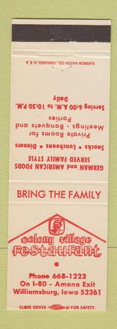 Matchbook Cover - Colony Village Restaurant Williamsburg IA