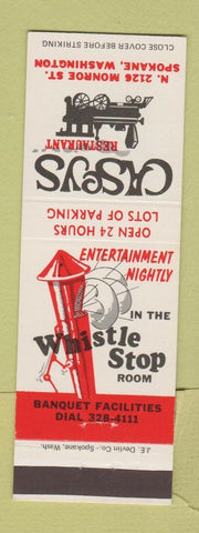 Matchbook Cover - Caseys Restaurant Spokane WA Whistle Stop