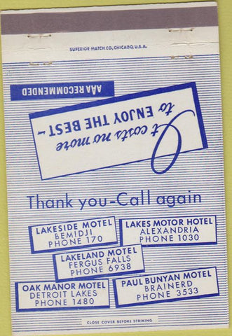 Matchbook Cover - Motels Bemidji Alexandria Brainerd Fergus Falls MN 40 Strike