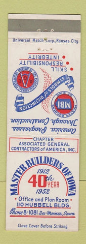 Matchbook Cover - Master Builders of Des Moines IA 1952