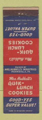 Matchbook Cover - Quik Lunch Cookies Phoenixville PA Mrs Hubbell WEAR