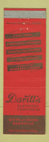 Matchbook Cover - Davitt's Clothes Nashville TN Arrow Shirts Knox Hats WEAR