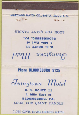 Matchbook Cover - Tennytown Motel Bloomsburg PA 40 Strike