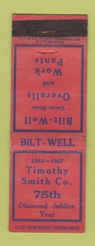 Matchbook Cover - Timothy Smith Bilt Well Overalls Work Clothes 1937 WORN