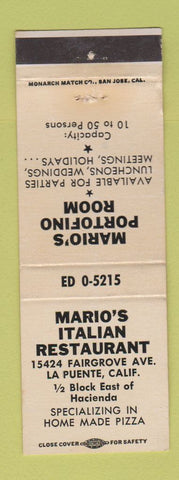 Matchbook Cover - Mario's Italian Restaurant Pizza La Puente CA WORN
