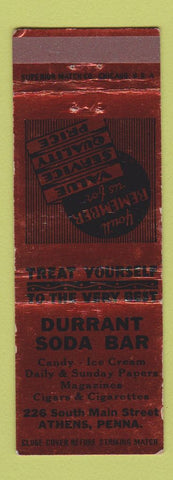 Matchbook Cover - Durant Soda Bar Athens PA BRONZE WEAR