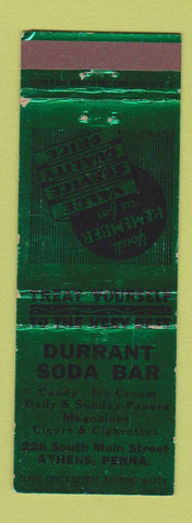 Matchbook Cover - Durant Soda Bar Athens PA GREEN
