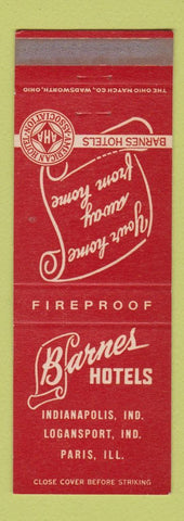 Matchbook Cover - Barnes Hotels Logansport Indianapolis IN Paris IL