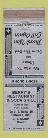 Matchbook Cover - Berry's Restaurant Soda Grill Norwalk OH WEAR