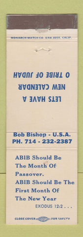 Matchbook Cover - ABIB Passover Jewish Judah Bob Bishop CA?