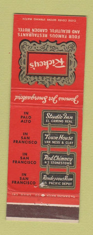 Matchbook Cover - Rickey's Restaurants Palo Alto San Francisco CA