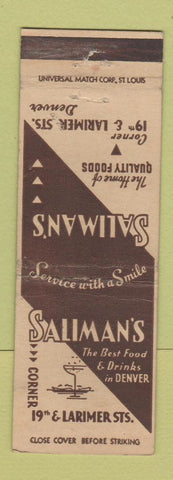 Matchbook Cover - Saliman's Restaurant Denver Colorado WEAR