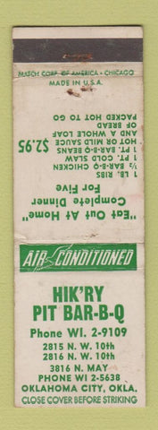 Matchbook Cover - Hik'ry Pit BBQ Oklahoma City OK WEAR