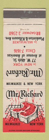Matchbook Cover - Mr Richard Steak New York City Milwaukee WI