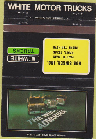 Matchbook Cover - White Semi Trucks Paris TX Bob Singer 40 Strike