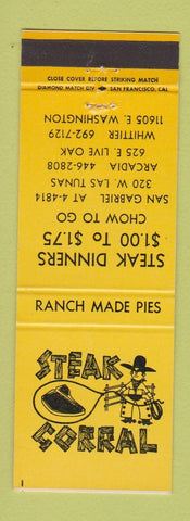 Matchbook Cover - Steak Corral San Gabriel Arcadia Whittier CA