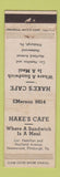 Matchbook Cover - Hake's Cafe Pittsburgh Homewood PA WEAR