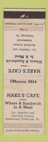 Matchbook Cover - Hake's Cafe Pittsburgh Homewood PA WEAR