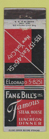 Matchbook Cover - Fan & Bill's Steak House New York City