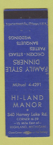 Matchbook Cover - Hi Land Manor Highland MI