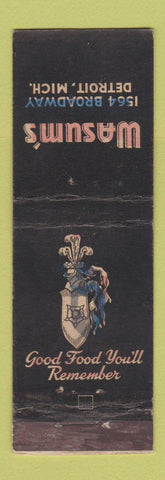 Matchbook Cover - Wasum's Detroit MI restaurant WEAR