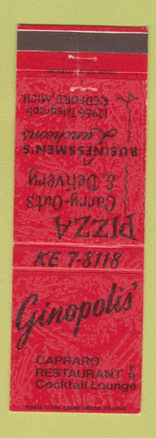 Matchbook Cover - Ginopolis' Restaurant Pizza Italian Redford MI