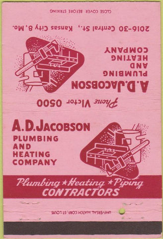 Matchbook Cover - AD Jacobson Pluming Heating Kansas City MO 40 Strike