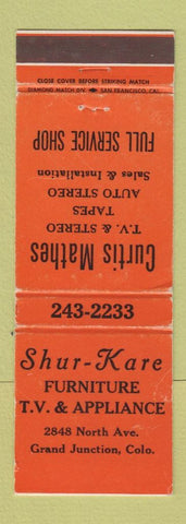 Matchbook Cover - Shur Kare Furniture TV Appliance Grand Junction Colorado