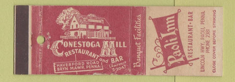 Matchbook Cover - Paoli Inn Restaurant PA Conestoga Mill Bryn Mawr WORN