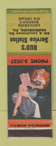 Matchbook Cover - Bud's Service Harrisburg PA oil gas pinup Esso