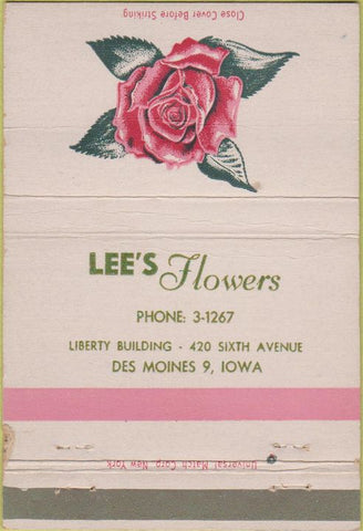 Matchbook Cover - Lee's Flowers Des Moines IA rose WEAR 40 Strike