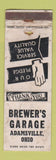 Matchbook Cover - Brewer's Garage Adamsville OH POOR