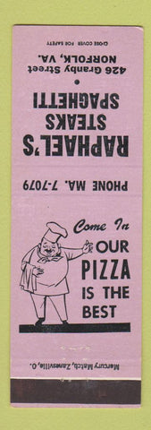 Matchbook Cover - Raphael's Steaks Spaghetti Norfolk VA pizza