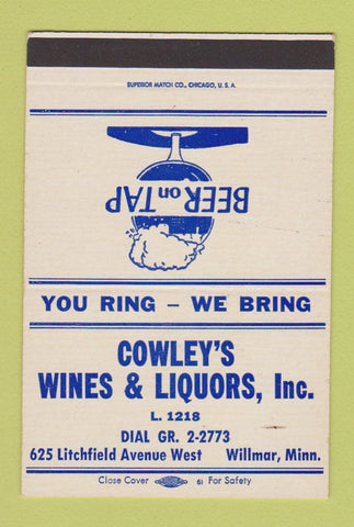 Matchbook Cover - Cowley's Wines Liquors Willmar MN 40 Strike SAMPLE